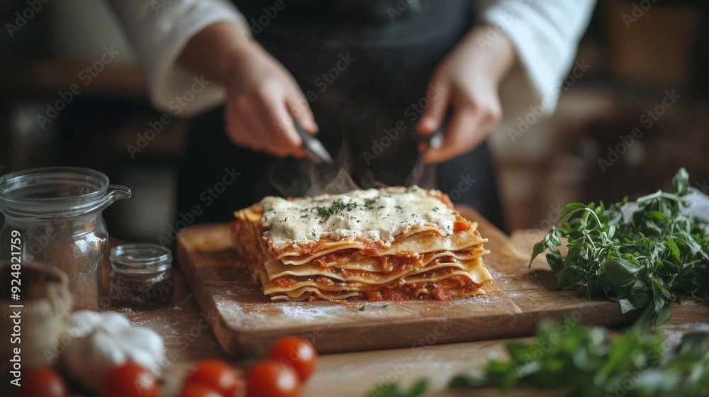 Homemade Lasagna Preparation, vibrant ingredients Homemade Lasagna Preparation, vibrant ingredients