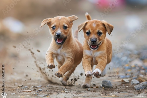 two small dogs running in the dirt, Playful squirrel babies chasing each other in tree