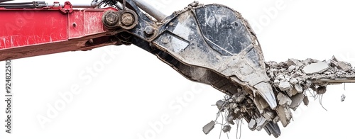 Close-up of an excavator claw demolishing a suburban home, with rubble details on a white background