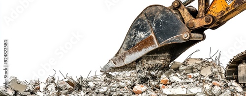 Close-up of an excavator claw demolishing a suburban home, with rubble details on a white background