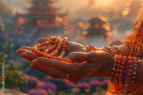 Mala Beads and Spiritual Symbols Mala beads arranged with spiritual symbols and calming photo