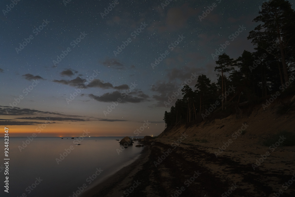 Night landscape on the island of Pedassaar, starry sky, forest and coastline. Night landscape on the island of Pedassaar, starry sky, forest and coastline.