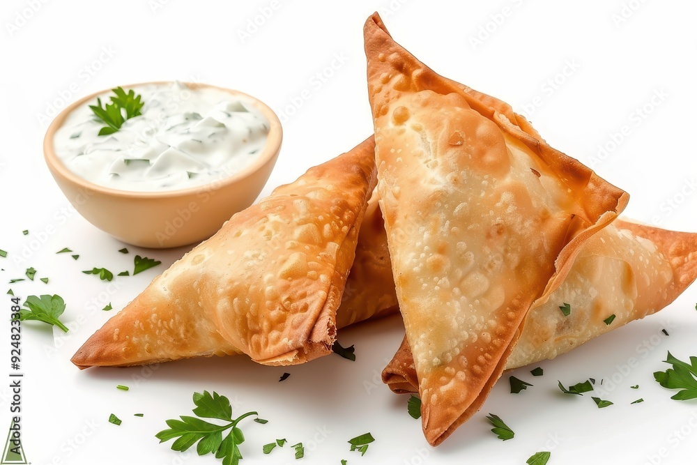 Cheese filled samosa with white dip on white background Cheese filled samosa with white dip on white background