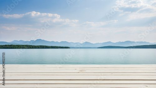 empty white wooden table for product display with lake view background