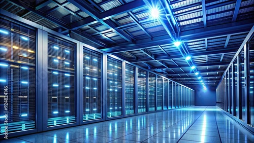 Industrial gridwork a server room illuminated by bright overhead lights , technology, network, data center photo