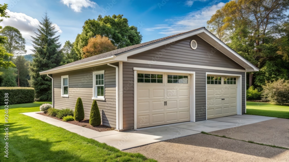 A modern prefabricated garage with a gabled roof, vinyl siding, and glass doors, sitting on a concrete foundation in a suburban backyard setting. A modern prefabricated garage with a gabled roof, vinyl siding, and glass doors, sitting on a concrete foundation in a suburban backyard setting.