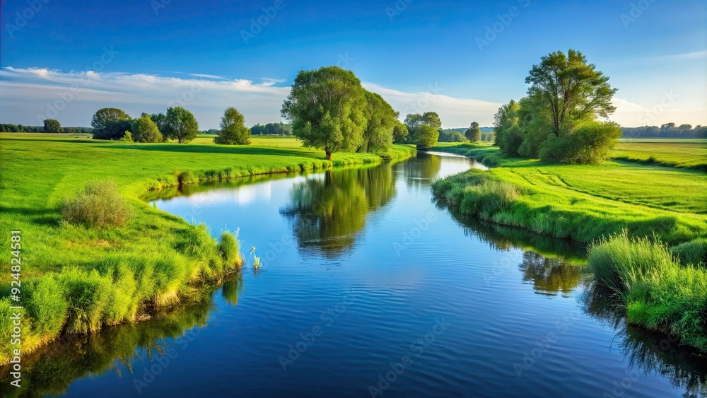 Serene river winding through green meadows with clear sky and distant row of trees blurred, nature, landscape, river, meadow Serene river winding through green meadows with clear sky and distant row of trees blurred, nature, landscape, river, meadow