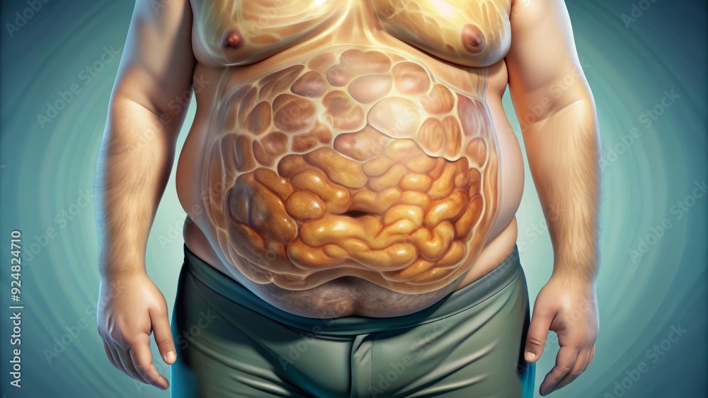 A person's swollen abdomen, visible signs of fluid buildup, and skin