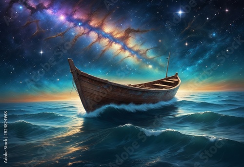 A shimmering starry skiff glides through a cosmic sea of twinkling lights photo