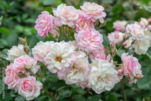 Light pink and white Floribunda Rose Belmonte blooms in a July 2022 garden