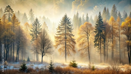 Misty winter forest with gold, grey