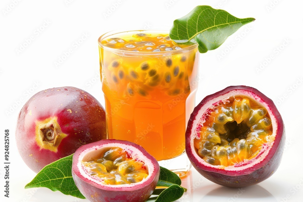 Passion fruit juice closeup with slice and leaf on white background Healthy beverage concept Passion fruit juice closeup with slice and leaf on white background Healthy beverage concept