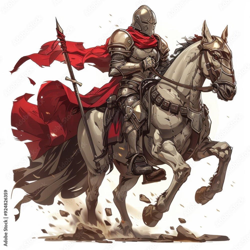 Fototapeta premium A knight in shining armor riding a white horse with a red cape flowing in the wind.