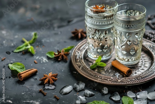 Raki arak and Ouzo on gray background photo