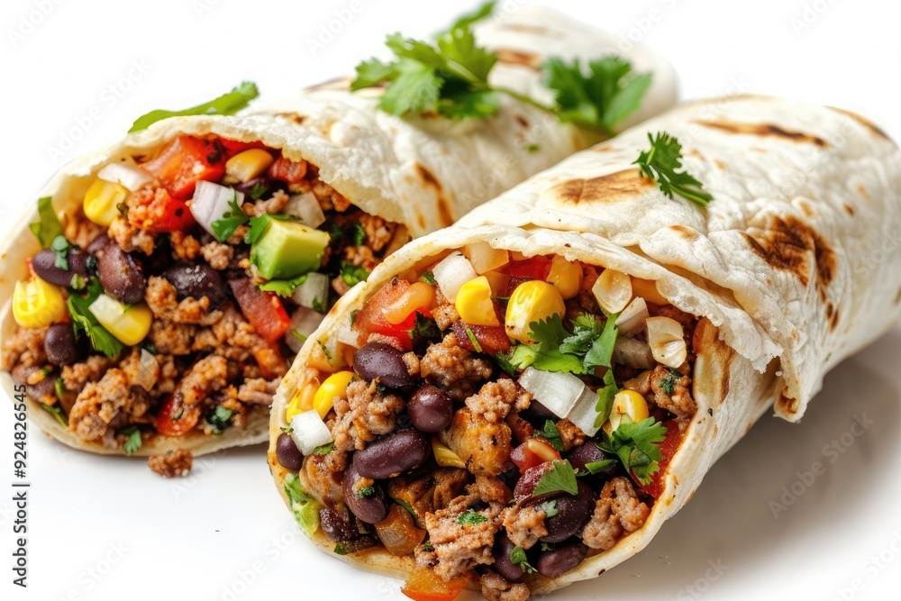 Two delicious burritos filled with meat, beans, corn, and vegetables. Two delicious burritos filled with meat, beans, corn, and vegetables.
