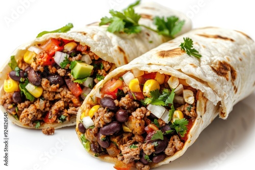 Two delicious burritos filled with meat, beans, corn, and vegetables.