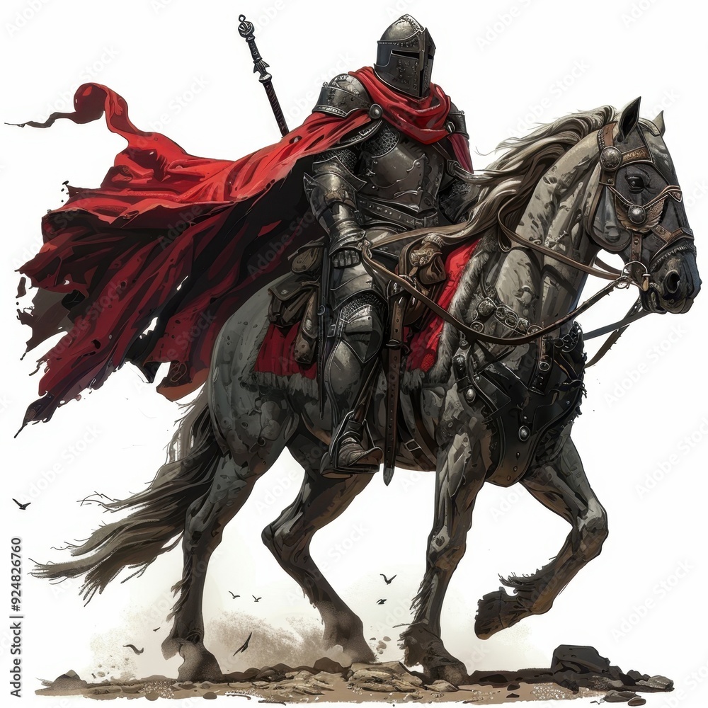 A Knight in Full Armor Riding a Horse with a Red Cape Flowing in the Wind A Knight in Full Armor Riding a Horse with a Red Cape Flowing in the Wind