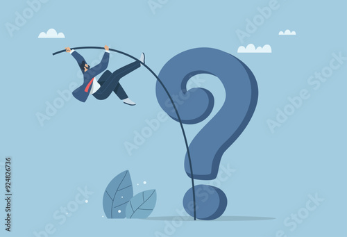 Overcoming business obstacles, Overcome difficult problems, Big obstacles, Businessman pole vaulting over big question mark, Vector design illustration.