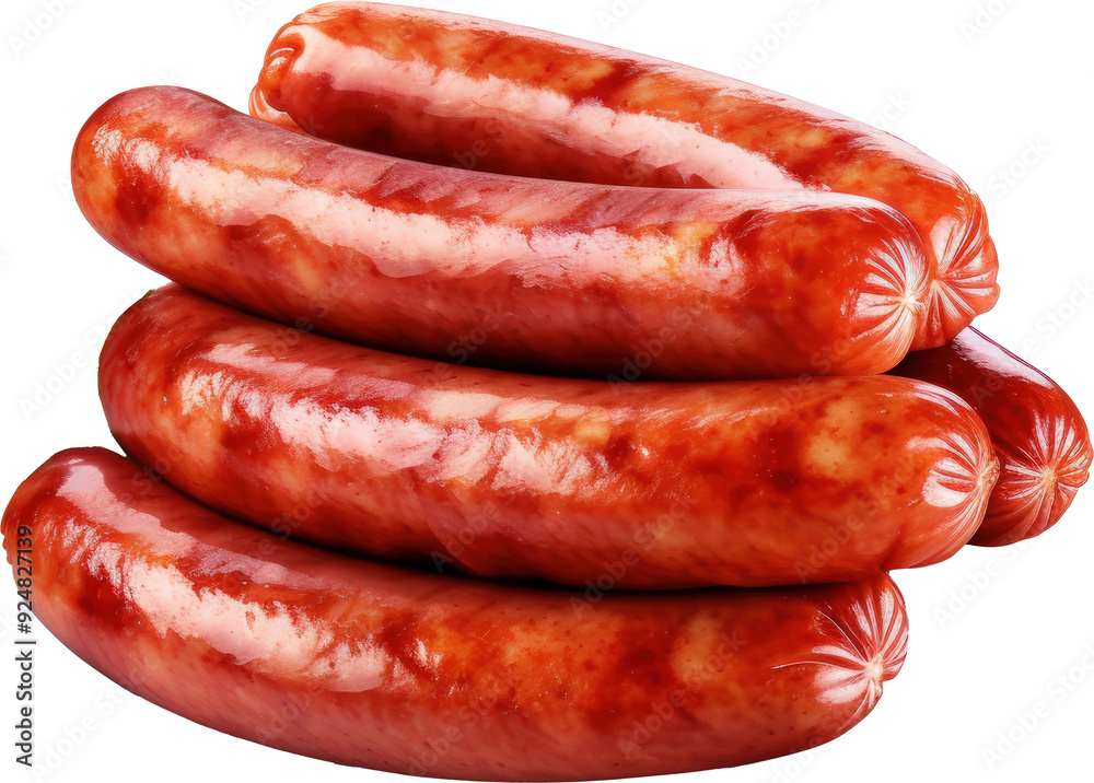 Close-up of four juicy, red sausages stacked on top of each other.