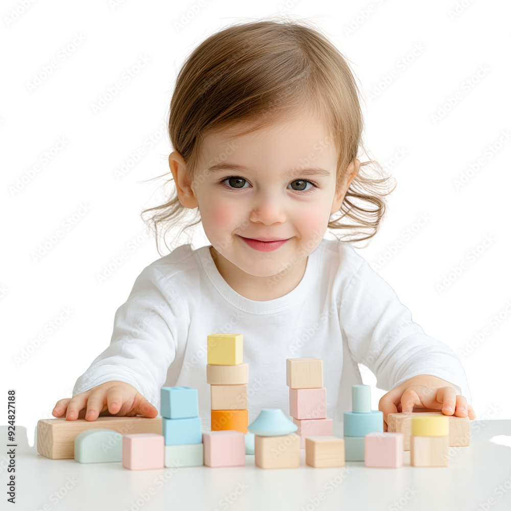 Smiling toddler playing with colorful wooden blocks at table, enjoying creative and educational activity, developing skills. Smiling toddler playing with colorful wooden blocks at table, enjoying creative and educational activity, developing skills.