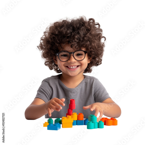 Happy child with glasses playing and building with colorful construction blocks, isolated on white background.