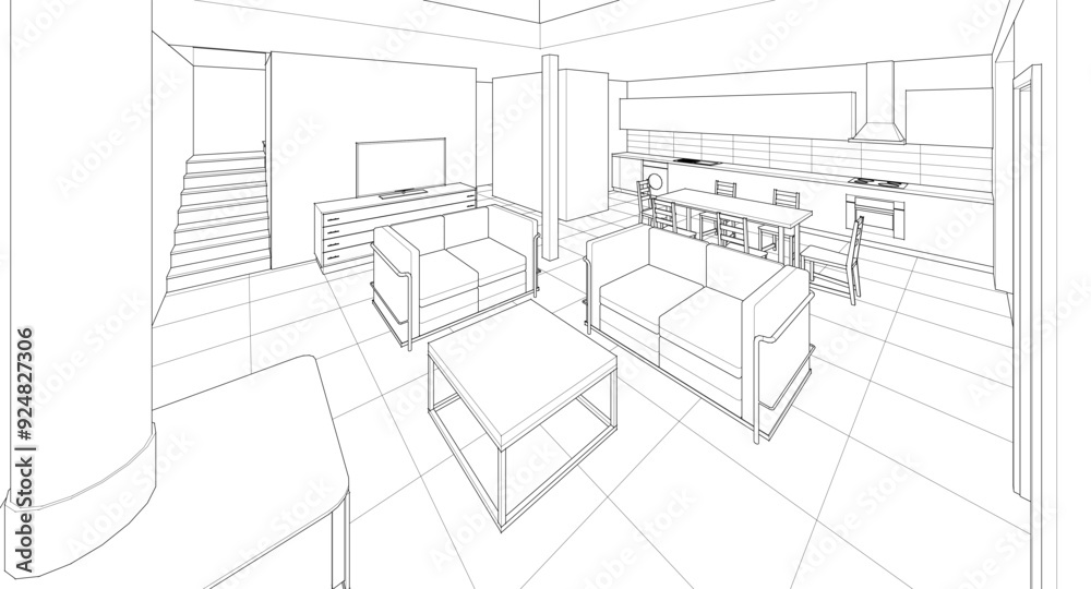 Fototapeta premium interior kitchen living room 3d illustration