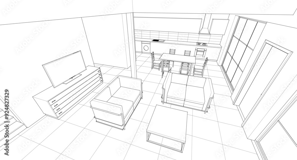 Fototapeta premium interior kitchen living room 3d illustration 