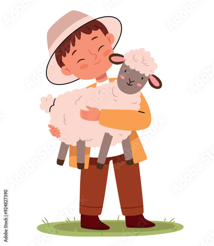 The shepherd boy hugs the sheep.Farm animals