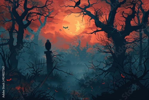 A Gloomy Forest Silhouette with a Full Moon and Crows