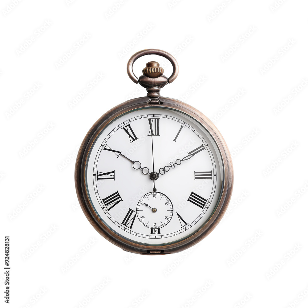 Antique pocket watch with Roman numerals and classic design isolated on white background. Timeless vintage accessory preserving historical elegance.
