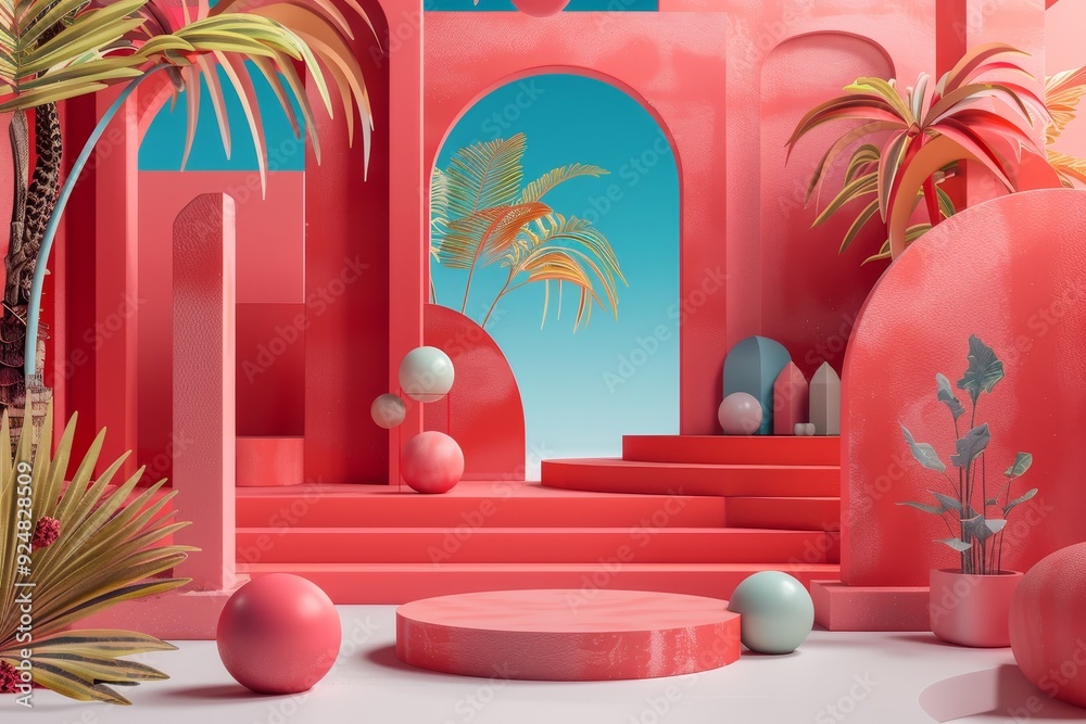 pink room with pool and palm trees, visual hierarchy prioritizes content importance