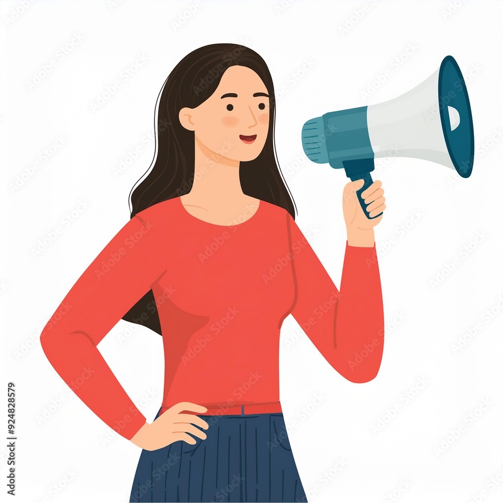 Woman is speaking into a megaphone. Announcement, warning concept. Flat vector illustration isolated on white background Woman is speaking into a megaphone. Announcement, warning concept. Flat vector illustration isolated on white background