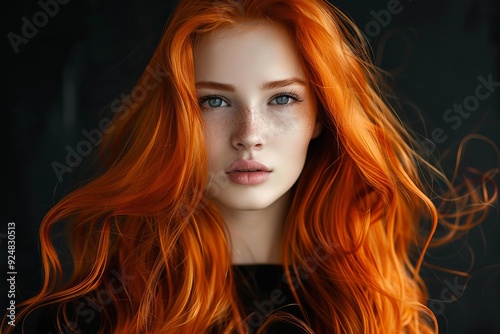 Young woman with long wavy red hair, blue eyes and freckles posing in studio