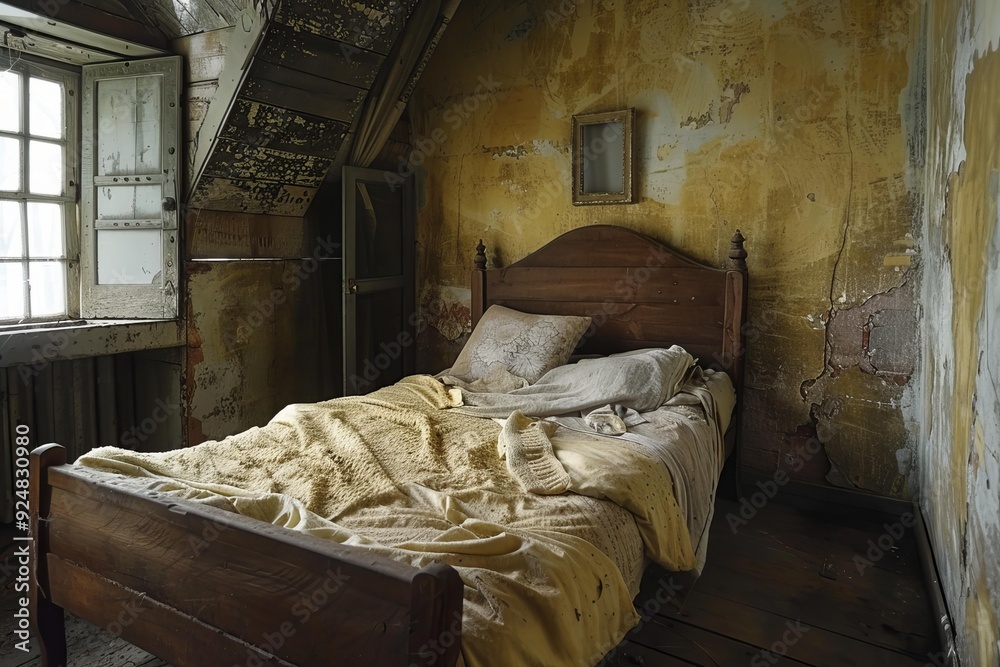 Φωτογραφία Old wooden bed with yellow blankets in a dilapidated room with peeled paint on t