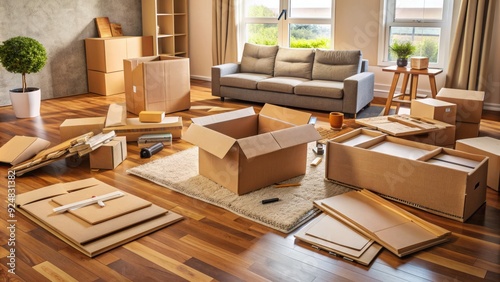 Brown cardboard boxes containing various furniture parts and instruction manuals scattered on a living room floor, awaiting assembly by a DIY enthusiast.