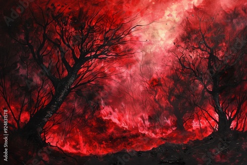 Silhouetted Trees Against a Red Sky in a Watercolor Painting