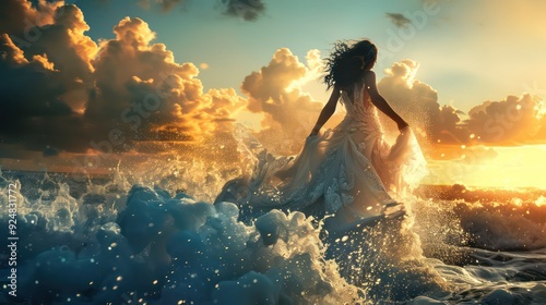 Woman in White Dress Running into the Ocean at Sunset