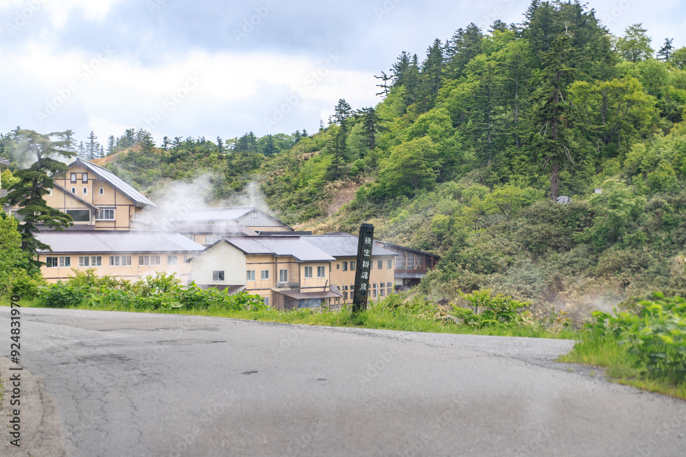 Winding Road Leading to a Geothermal Resort, Goshougake Onsen, Akita, Japan Winding Road Leading to a Geothermal Resort, Goshougake Onsen, Akita, Japan