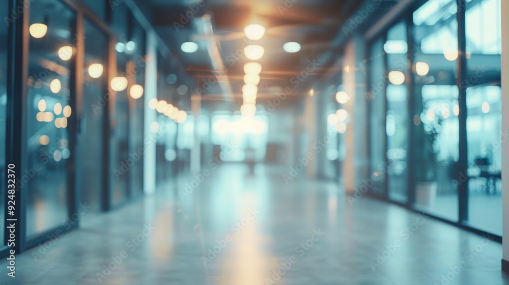 Blurred empty open space office. Abstract light bokeh at office interior background for design,generative ai Blurred empty open space office. Abstract light bokeh at office interior background for design,generative ai