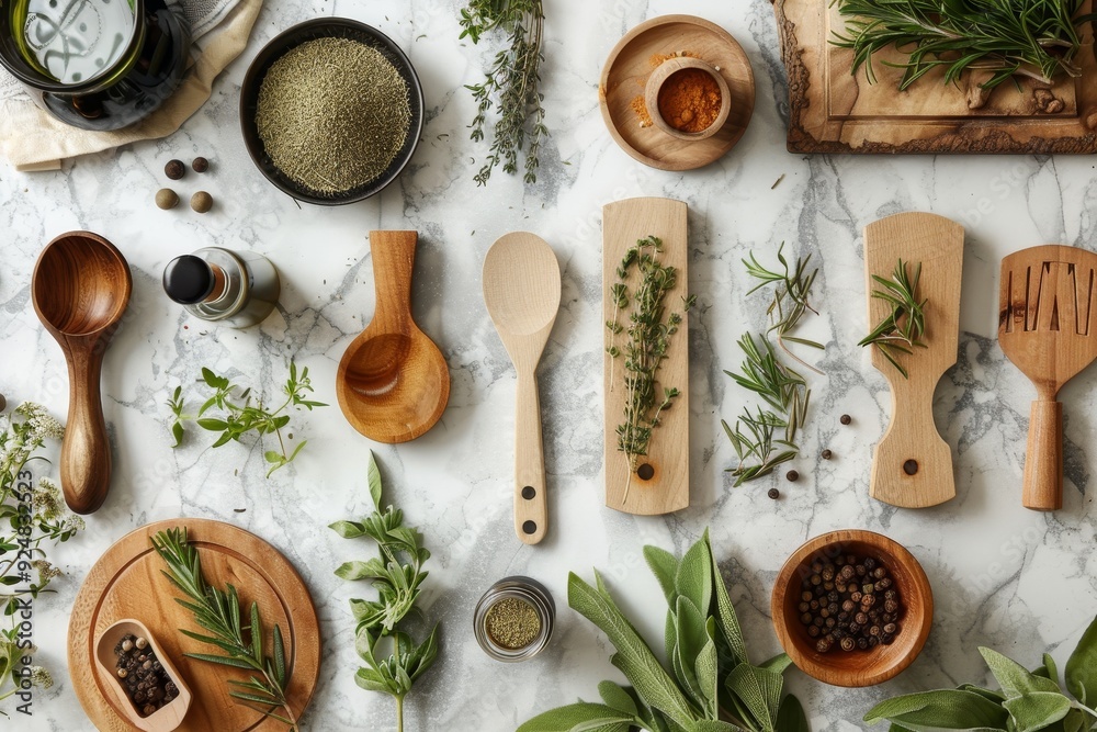 Cooking themed flat lay involving various herbs, spices, and utensils on kitchen countertop Cooking themed flat lay involving various herbs, spices, and utensils on kitchen countertop