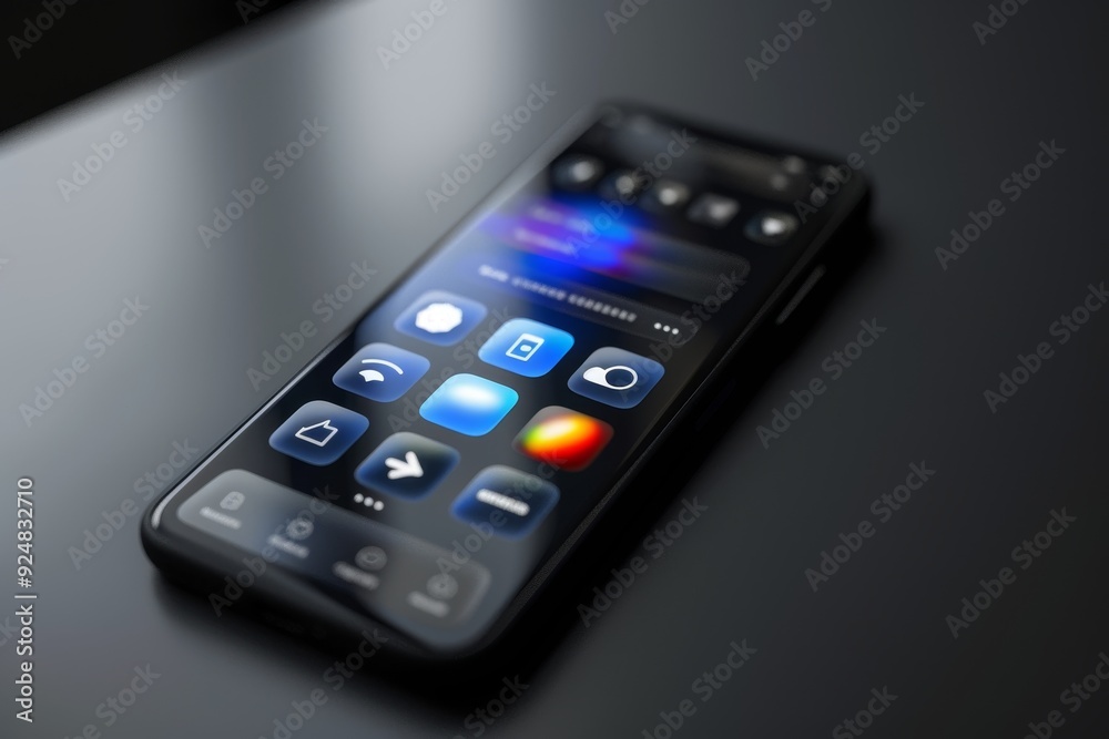 close up of cell phone on table, Create an image of mobile app interface employing glassmorphism style, featuring frosted glass effects on the icons and menus close up of cell phone on table, Create an image of mobile app interface employing glassmorphism style, featuring frosted glass effects on the icons and menus