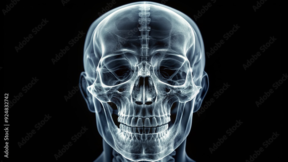 Close-up of a human skull X-ray, showcasing the intricate bone structure, nasal cavity, and teeth, in a high-contrast black and white medical imaging format. Close-up of a human skull X-ray, showcasing the intricate bone structure, nasal cavity, and teeth, in a high-contrast black and white medical imaging format.