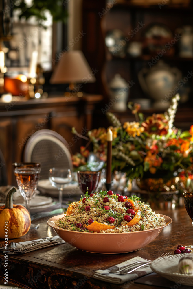 A festive fall table setup showcasing a roasted pumpkin filled with quinoa, cranberries, and herbs, with autumnal decorations. A festive fall table setup showcasing a roasted pumpkin filled with quinoa, cranberries, and herbs, with autumnal decorations.