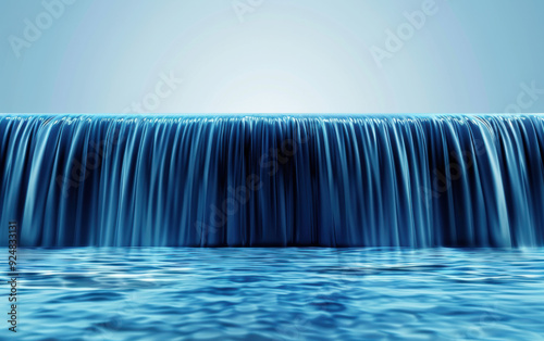A waterfall is shown in blue water