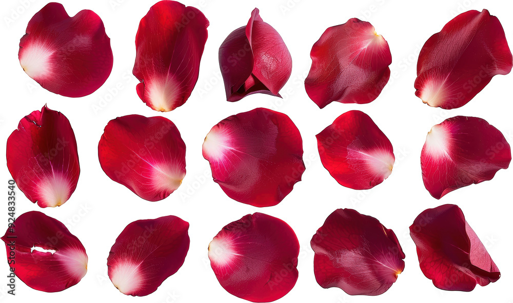 A collection of vibrant red rose petals arranged on a black background. A collection of vibrant red rose petals arranged on a black background.