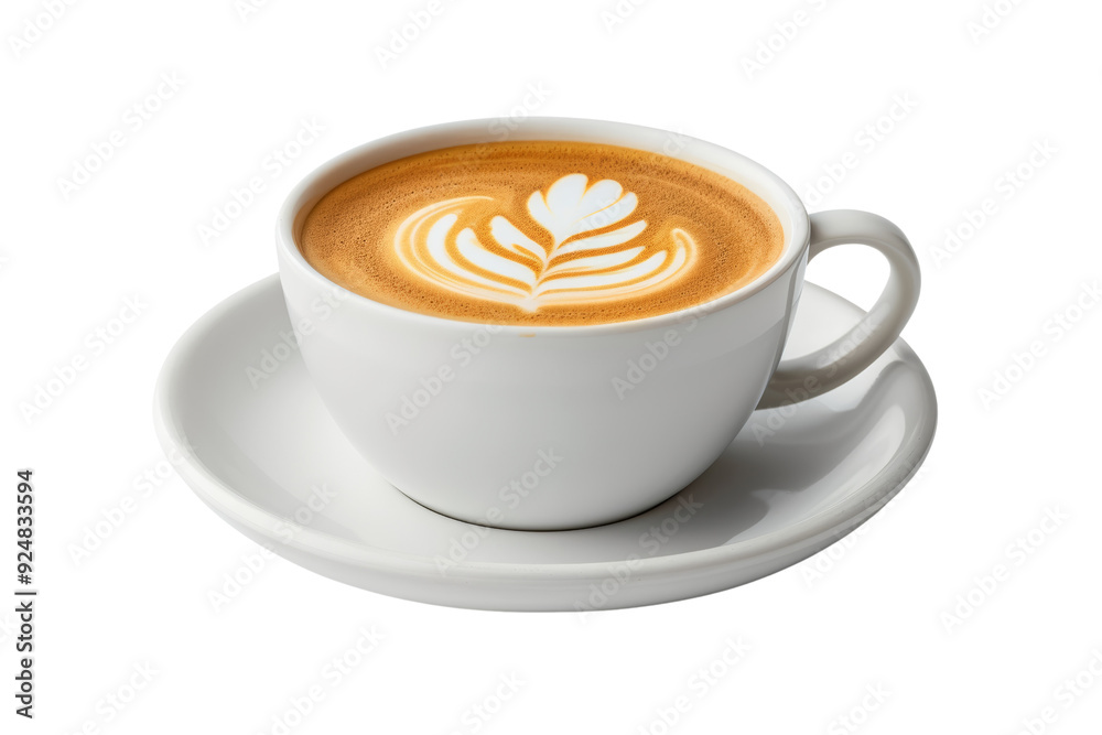 A beautifully crafted cup of latte with intricate latte art served in a white cup and saucer, isolated on a white background. A beautifully crafted cup of latte with intricate latte art served in a white cup and saucer, isolated on a white background.