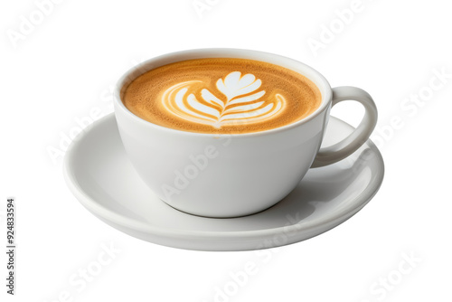 A beautifully crafted cup of latte with intricate latte art served in a white cup and saucer, isolated on a white background.