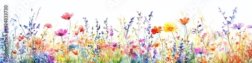 Watercolor wildflower meadow landscape painting, 