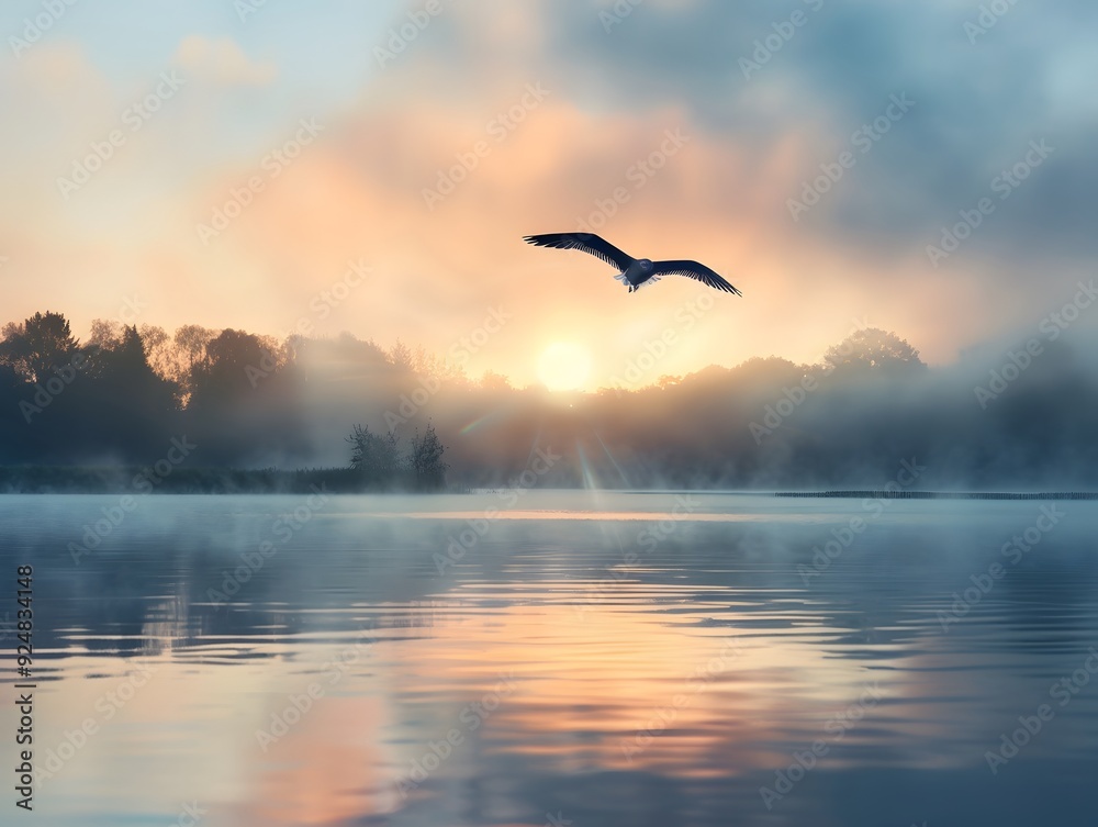 Fototapeta premium Serene Sunrise Over Misty Lake with Bird in Flight and Reflective Water Surface