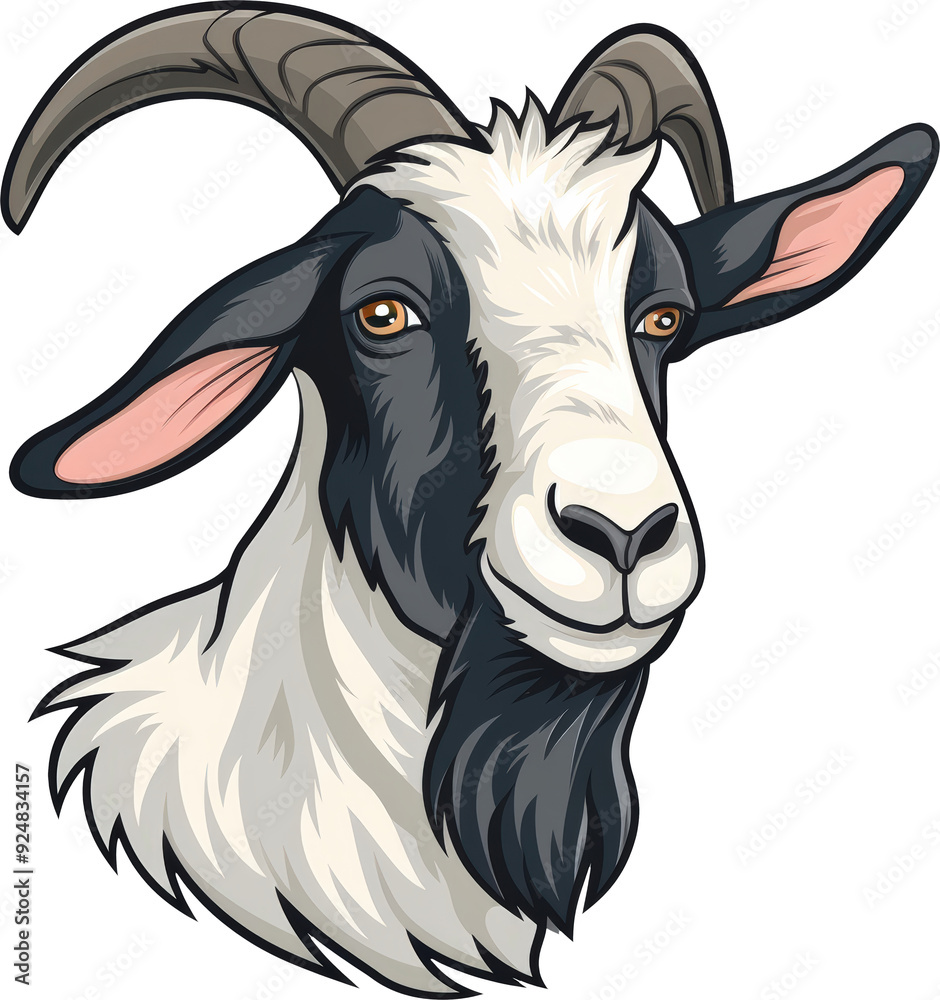 Fototapeta premium Close-up portrait of a black and white goat with a friendly expression.